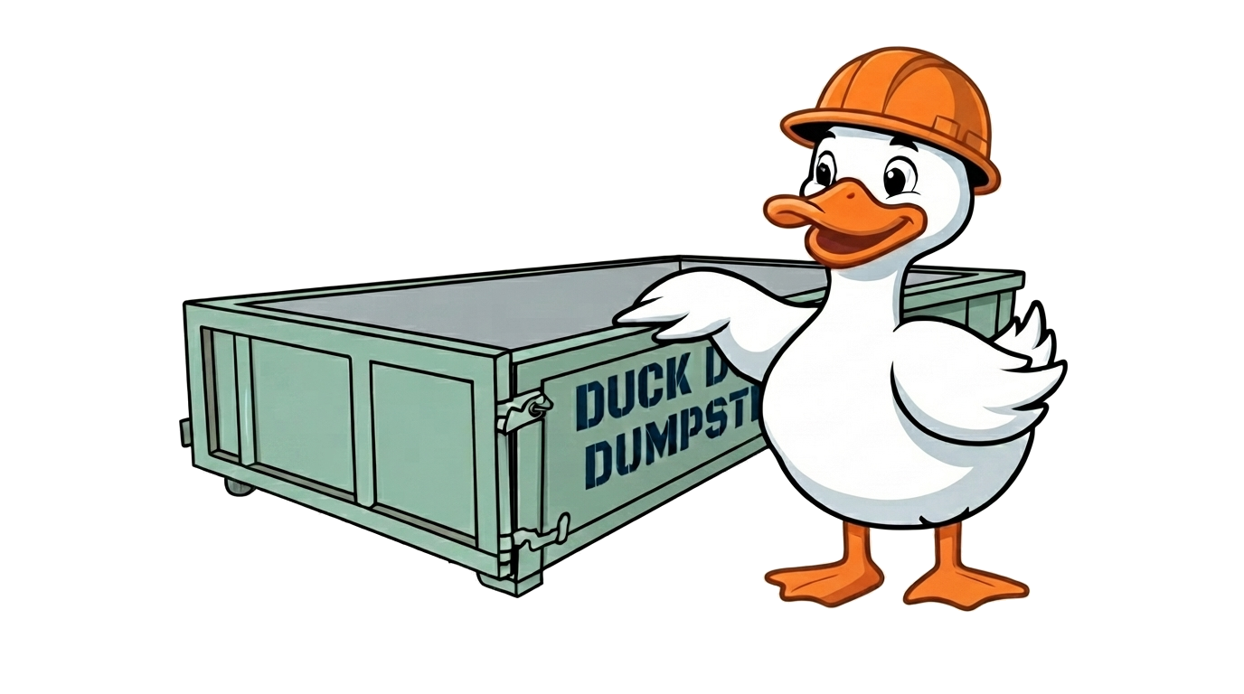 Dusty leaning on a 10-yard roll-off dumpster with Duck Duck Dumpster branding on the side