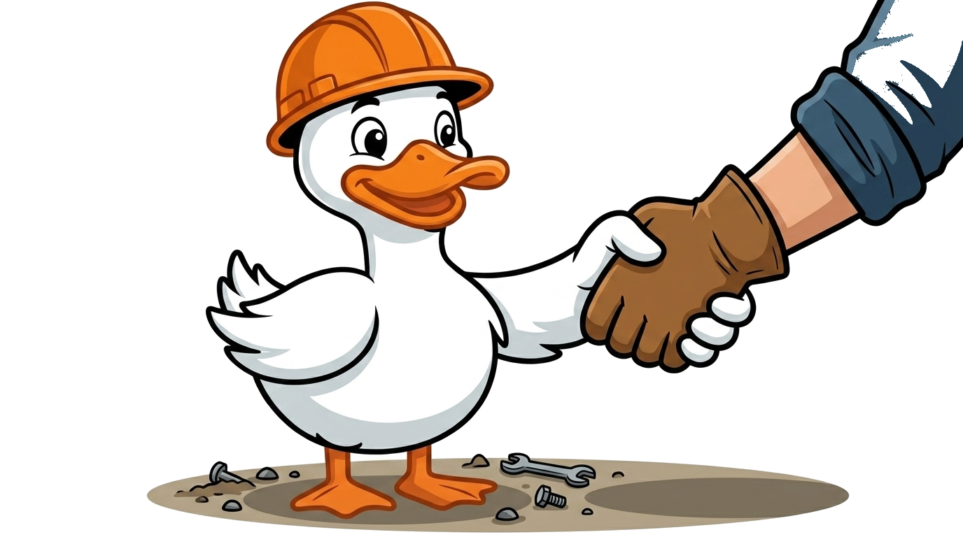 Dusty shaking a contractor's gloved hand