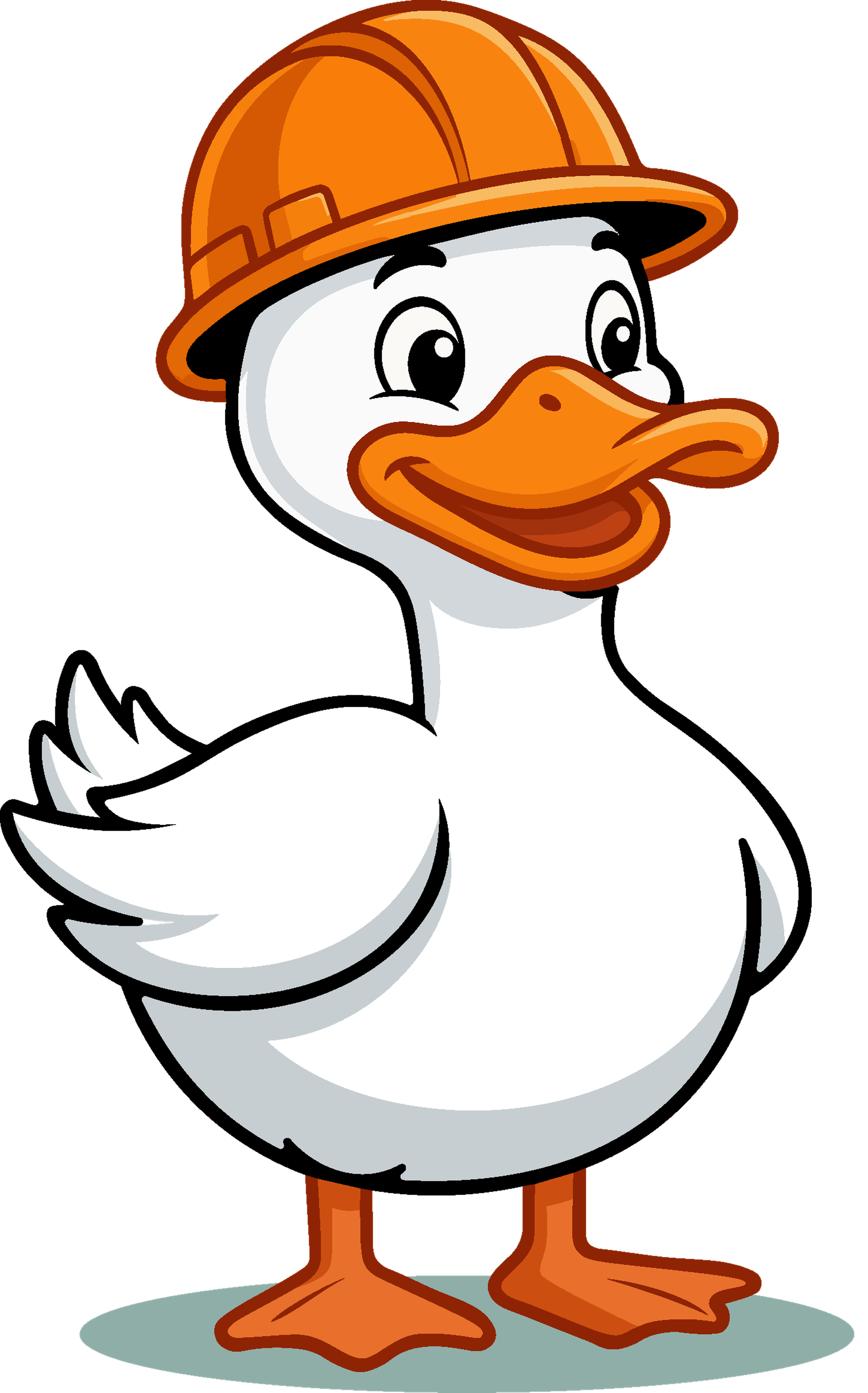 Dusty, the Duck Duck Dumpster mascot, in a safety-orange hard hat waving hello